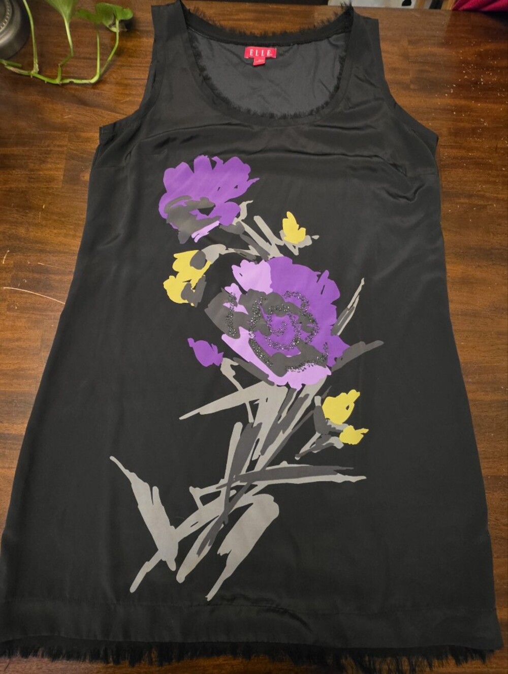 Vintage ELLE Black Sleeveless Fringed Mini Dress Swim Coverup Purple Floral Size